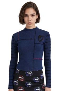 Bluzka damska Desigual Heart granatowa prążkowa r. XS