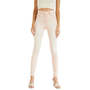 Spodnie damskie Guess 1981 Pinstripe Skinny jeansowe różowe w paski