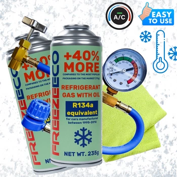 Zestaw FreezeEco 2x 2 w 1 zamiennik R134a czynnik do klimatyzacji z olejem + przewód + Mikrofibra