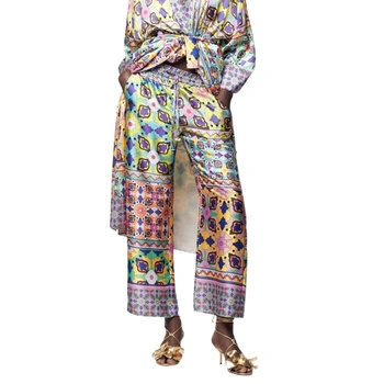 Spodnie damskie Zara satynowe wide leg kolorowe patchwork