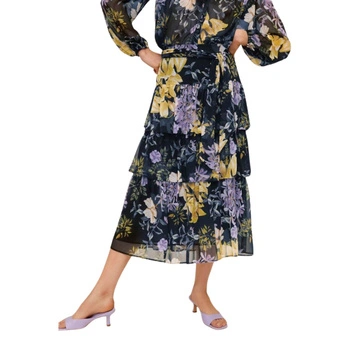 Spódnica damska Mango Floral czarna za kolano z falbanami kwiecista