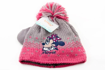 Komplet czapka rękawiczki Disney Minnie dla dziewczynki zimowy szaro różowa
