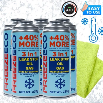 Zestaw FreezeEco 5x zamiennik R1234yf 3 w 1 czynnik do klimatyzacji z olejem i uszczelniaczem + Mikrofibra