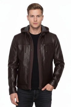 Kurtka męska skórzana Lee Cooper Cyprien brązowa z kapturem