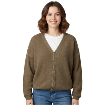 Sweter damski Promod zapinany oliwkowy luźny z wełną