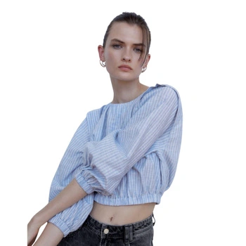 Bluzka damska Zara crop top z lnem niebieska w paski