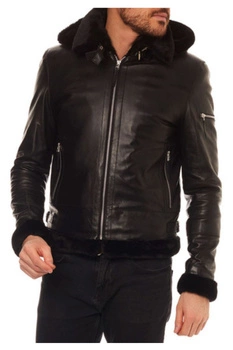 Kurtka męska skórzana Isaco & Kawa czarna ocielana z kapturem