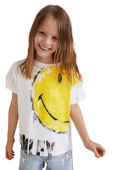 Koszulka dziecięca Desigual x Smiley Hepburn biała z buźką r. 110
