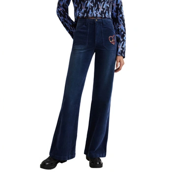 Spodnie damskie Desigual Myheart dzwony sztruksowe granatowe