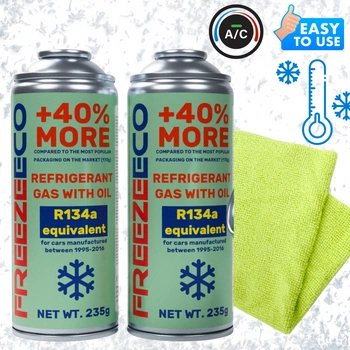 Zestaw FreezeEco 2x 2 w 1 zamiennik R134a czynnik do klimatyzacji z olejem i uszczelniaczem + Mikrofibra