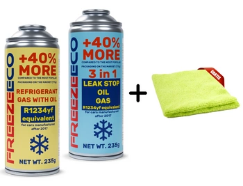 Zestaw FreezeEco zamiennik R1234yf + 3 w 1 czynnik do klimatyzacji z olejem i uszczelniaczem  + Mikrofibra