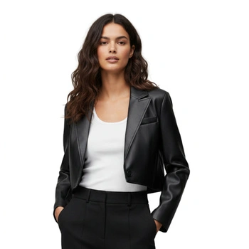 Marynarka damska Zara krótka czarna z ekoskóry