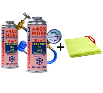 Zestaw FreezeEco 2x 3 w 1 zamiennik R134a czynnik do klimatyzacji z olejem i uszczelniaczem + przewód + Mikrofibra
