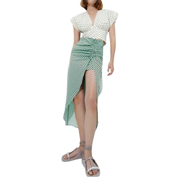 Spódnica damska Zara midi lniana zielona w grochy z rozcięciem r. XS