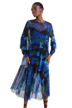 Sukienka damska Desigual Orleans midi z tiulową warstwą niebieska