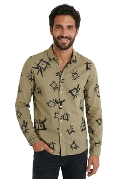 Koszula męska Desigual Ojos khaki z nadrukiem etnicznym r. S