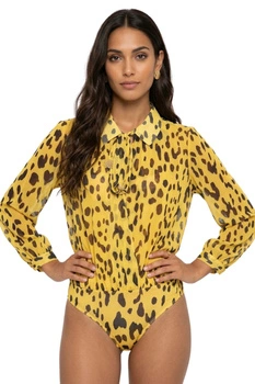 Body damski Desigual Valentina żółta w czarne centki z długim rekawem