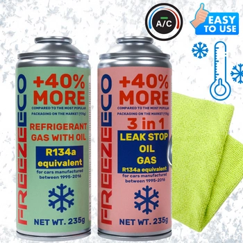Zestaw FreezeEco zamiennik R134a + 3 w 1 czynnik do klimatyzacji z olejem i uszczelniaczem  + Mikrofibra