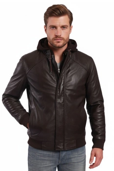 Kurtka męska skórzana Lee Cooper Benedeton brązowa z kapturem