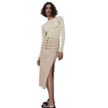 Spódnica damska Zara midi beżowa w paski prosta r. XS
