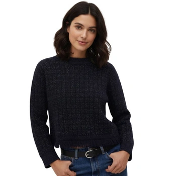 Sweter damski Mango granatowy z błyszczącą nicią i frędzlami