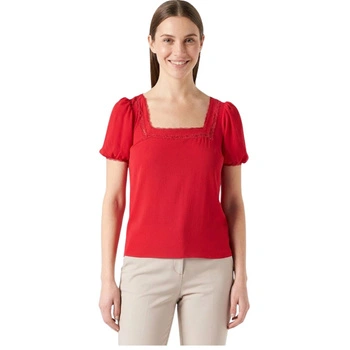Bluzka damska Naf Naf Sidonie elegancka z koronkowym dekoltem – czerwona