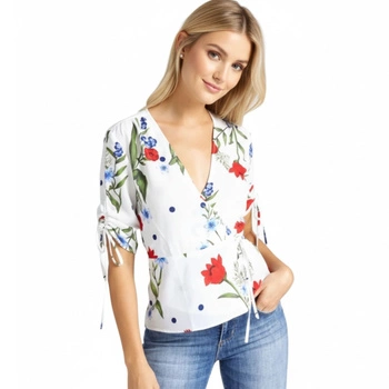 Bluzka damska Guess Blouse w kwiaty wiązana kopertowa biała