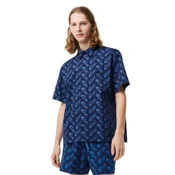 Koszula męska Lacoste Relaxed Fit z krótkim rękawem bawełniana wzorzysta granatowa r. XL/XXL
