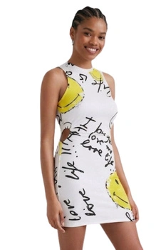 Sukienka damska Desigual Paris smiley biała mini bez rękawów r. L