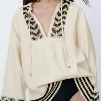 Bluzka damska Zara boho oversize beżowa z lnem
