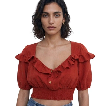 Bluzka damska Zara crop top czerwona lniana