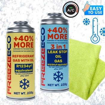 Zestaw FreezeEco zamiennik R1234yf + 3 w 1 czynnik do klimatyzacji z olejem i uszczelniaczem  + Mikrofibra