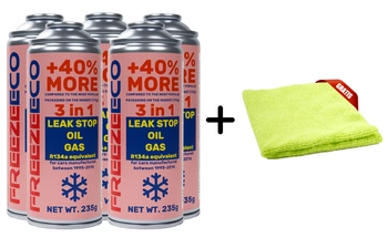 Zestaw FreezeEco 5x zamiennik R134a 3 w 1 czynnik do klimatyzacji z olejem i uszczelniaczem + Mikrofibra